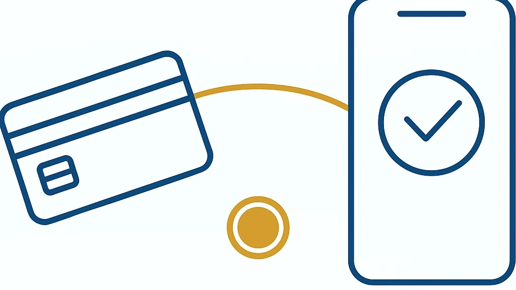 Illustratie: een bankkaart verbonden met een telefoon die een bevestigd betaalvinkje toont, met een munt ertussen