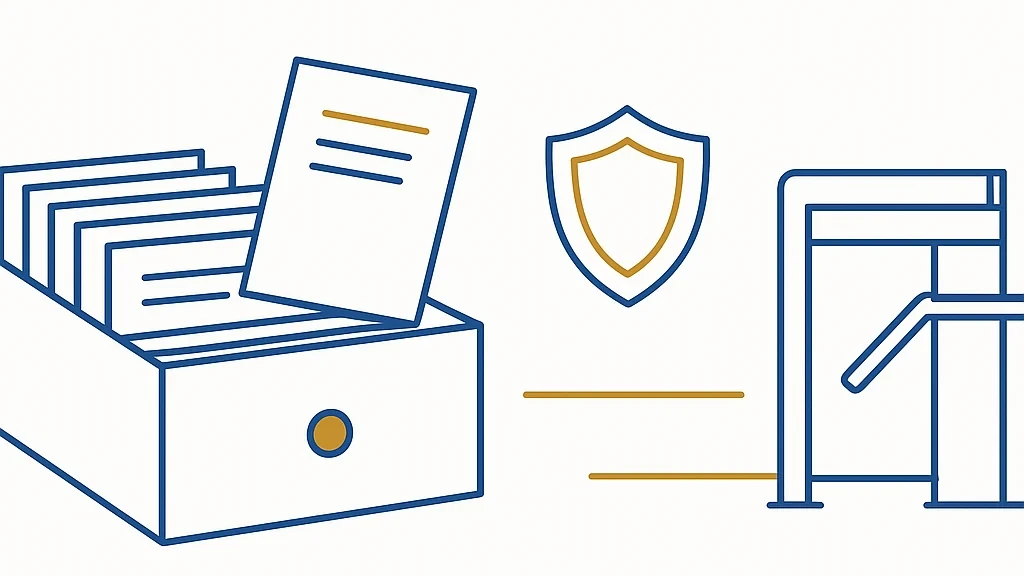 Illustratie: een open kaartenbak met een uitgelichte registratie, een schild en een toegangspoortje, die het Cruks-register verbeelden