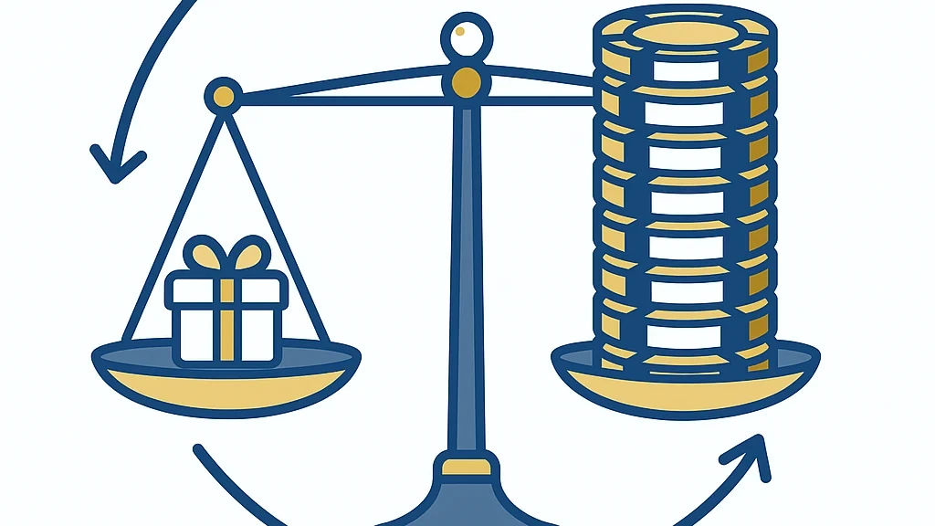 Illustratie: een uit balans hangende weegschaal met een bonusdoosje tegenover een veel grotere stapel speelfiches