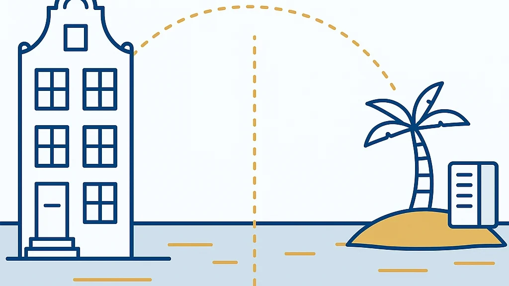Illustratie: een Nederlands grachtenpand en een buitenlands eiland, gescheiden door een stippellijn die de landsgrens verbeeldt